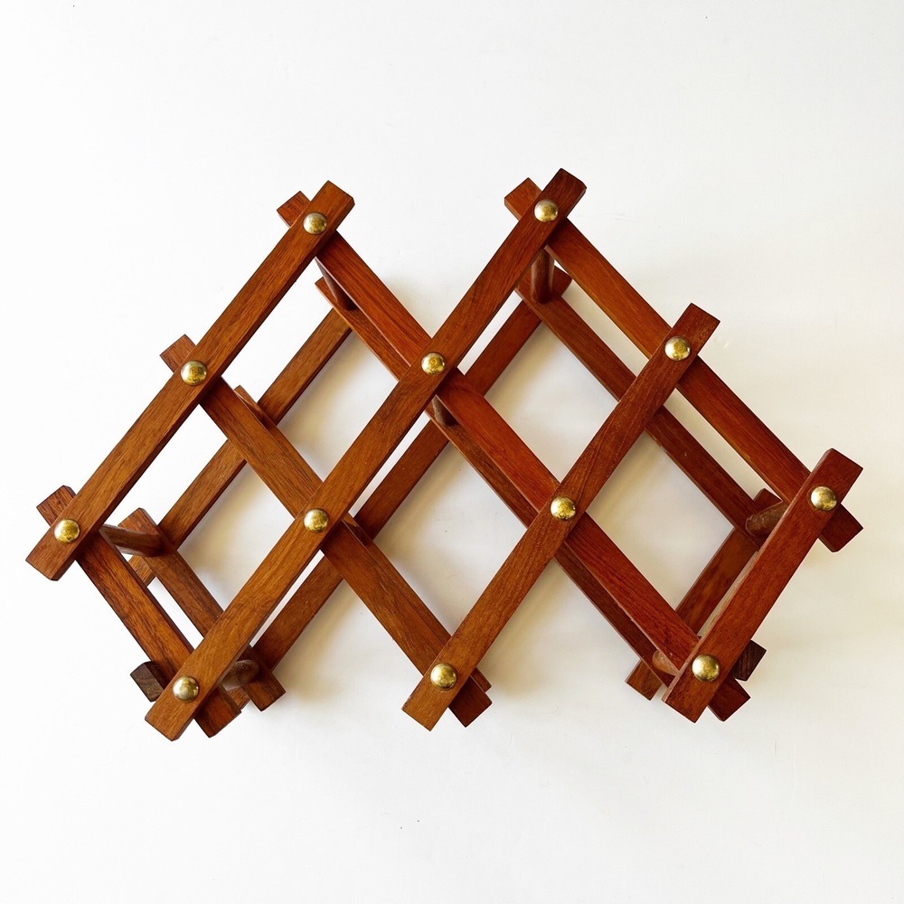 Vtg Mid Century Folding Accordion Solid Teak Wood Wine Rack Thailand 5 Bottles